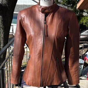 Custom-made, Fitted, Genuine Lambskin Leather Moto Jacket, 6, Camel-Brown,